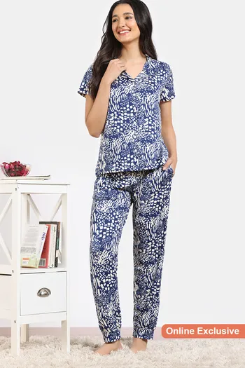 Buy Zivame Print Fusion Knit Poly Pyjama Set - Navy Peony